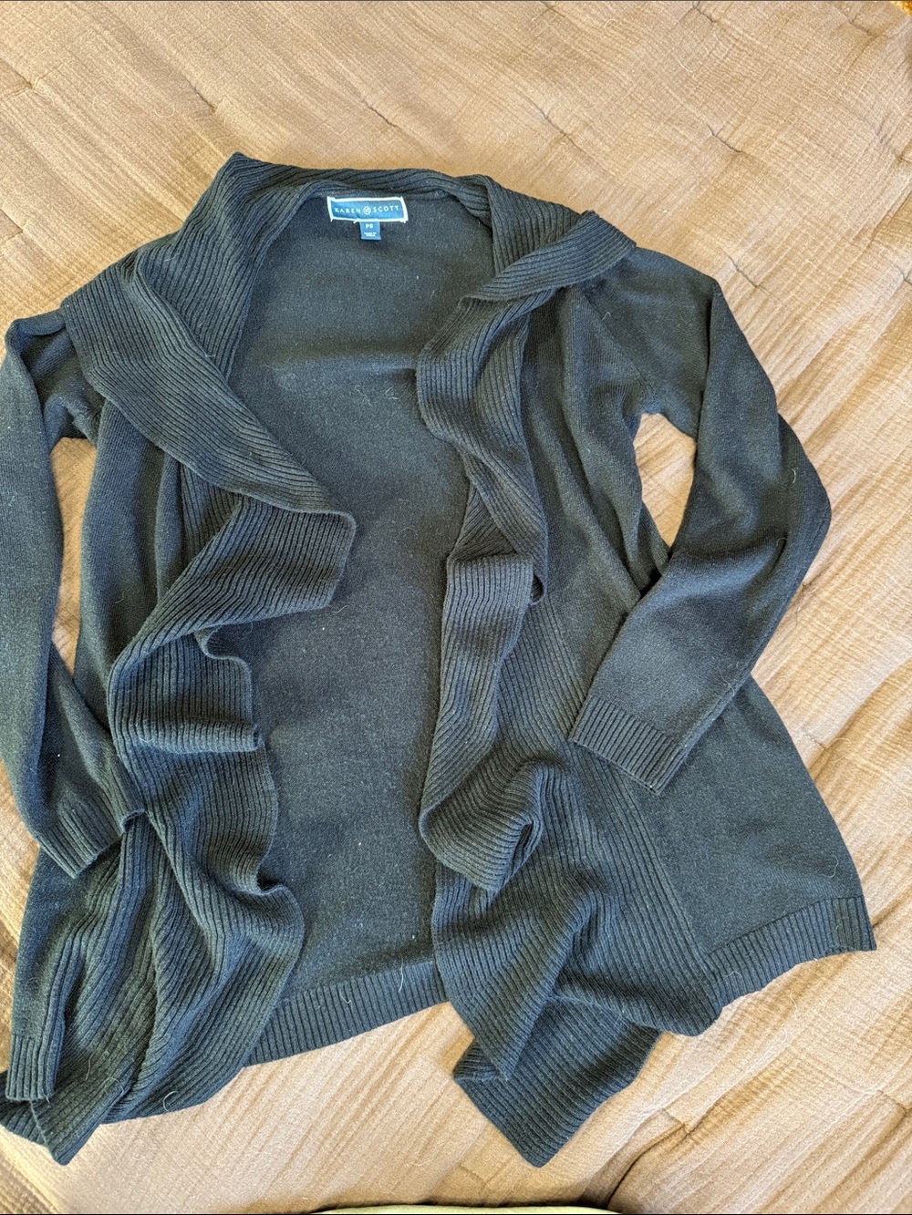 Karen Scott Black Open-Front Ribbed Trim Cardigan